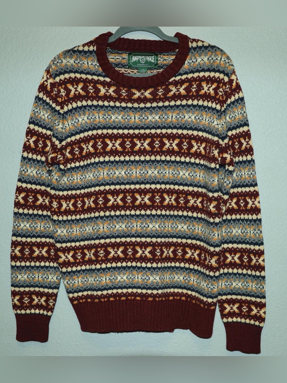 American Eagle Outfitters Burgundy Fair Isle Crewneck Sweater